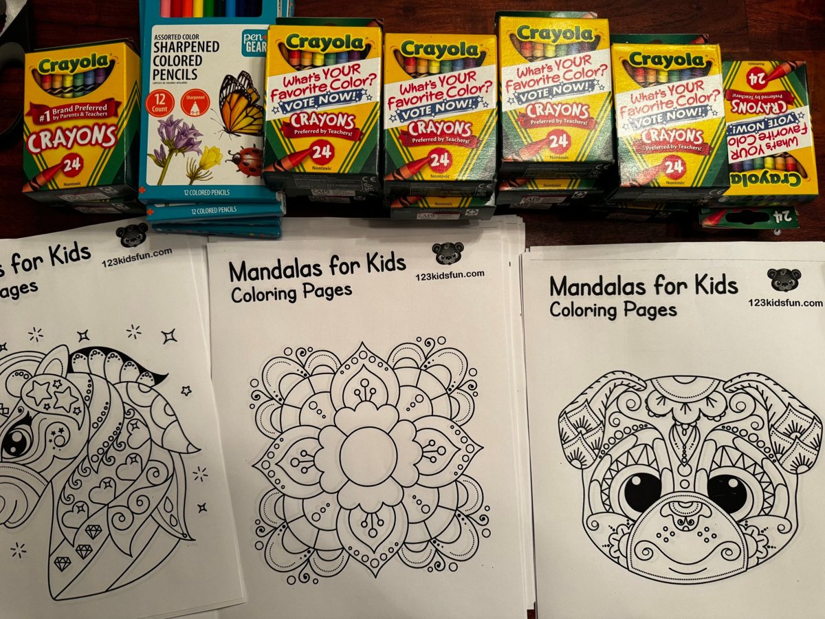 Mandala coloring pages with crayons and colored pencils from a Healthy Santa Clara mandala art kit